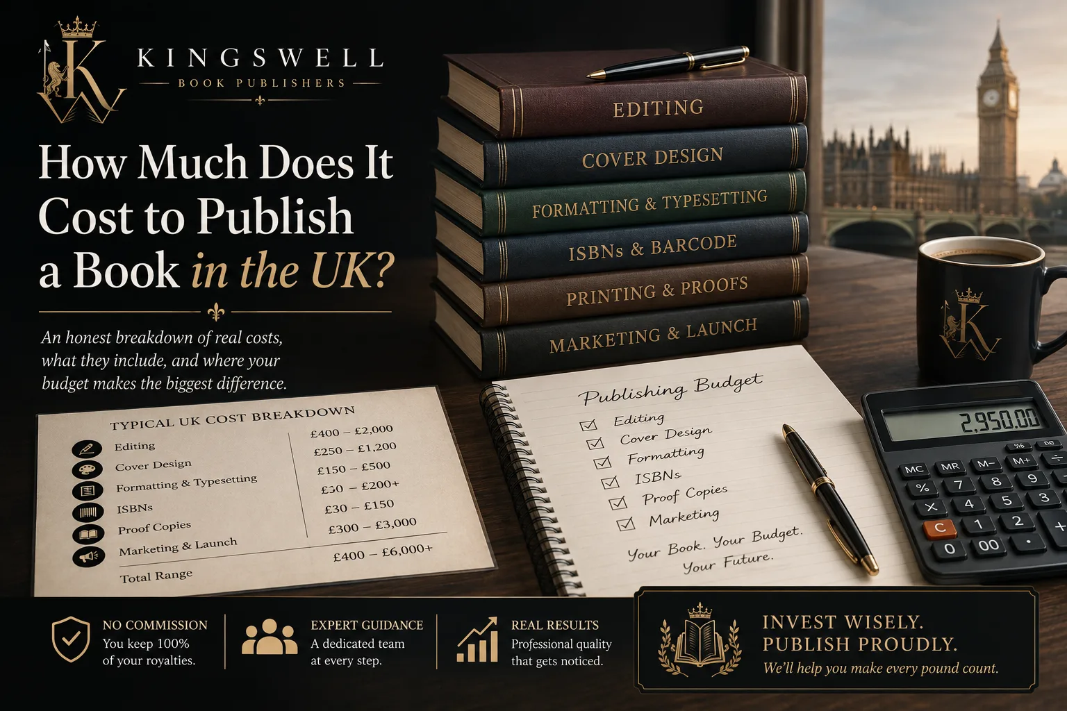 A stack of books labelled with each publishing cost (editing, cover design, formatting, ISBNs, printing and marketing) beside a printed UK cost breakdown and a calculator.